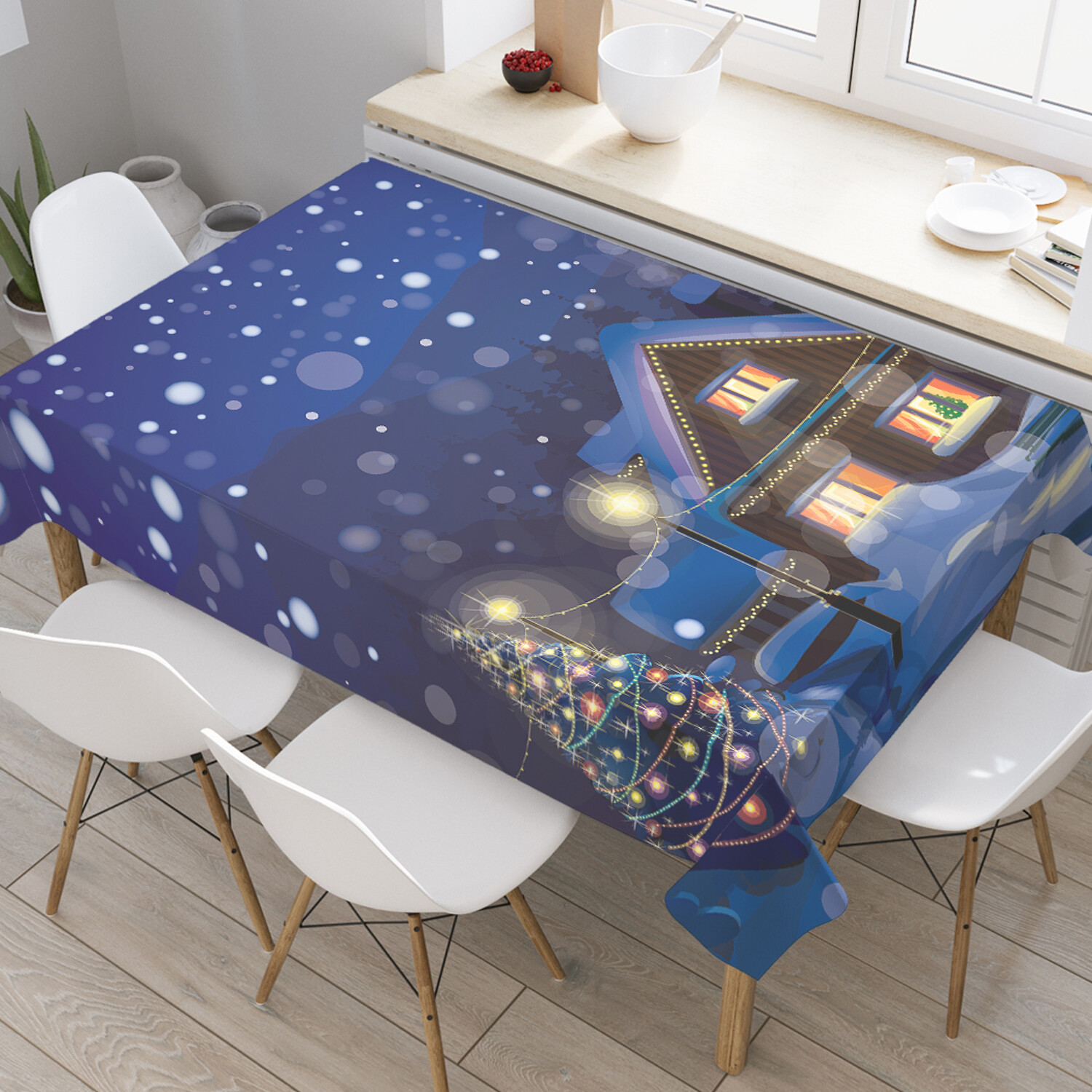 фото Прямоугольная водоотталкивающая скатерть на стол joyarty новогодняя сказка 145x180 см