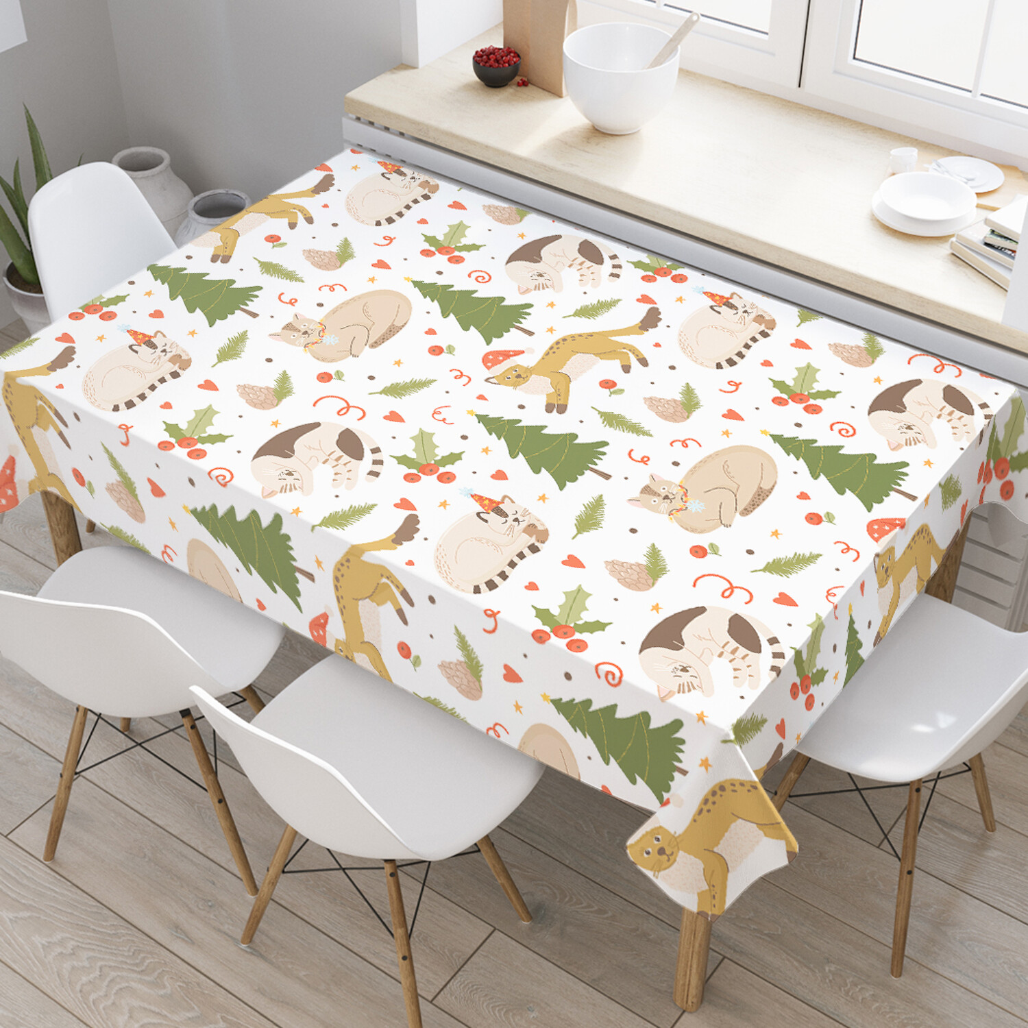 

Прямоугольная водоотталкивающая скатерть на стол JoyArty Новогодние коты 145x180 см, Белый, Новогодние коты