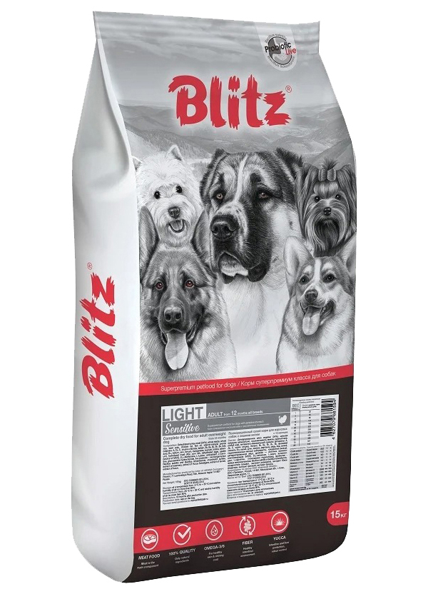 фото Сухой корм для собак blitz sensitive adult all breeds light с индейкой, 2шт по 15кг