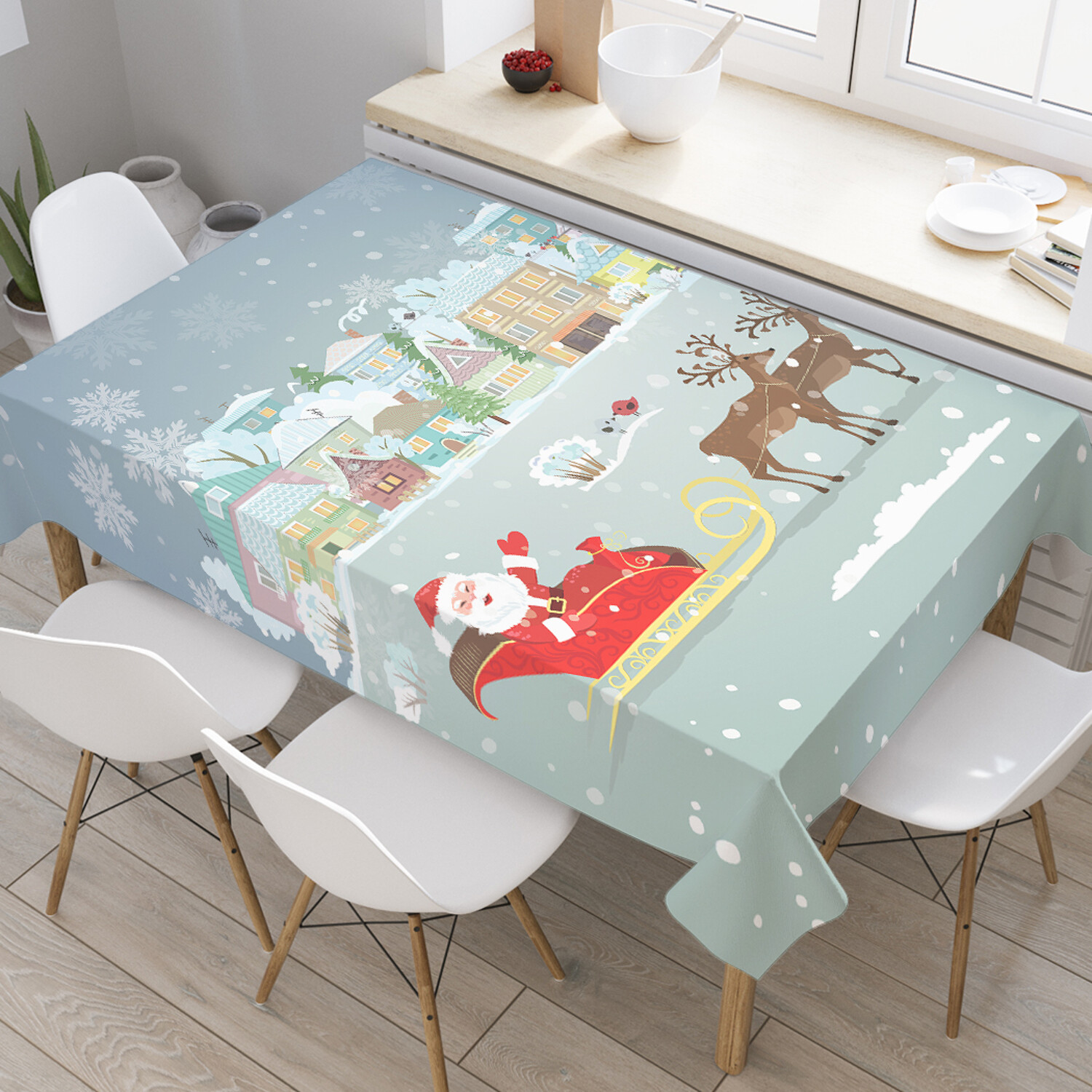 

Прямоугольная водоотталкивающая скатерть на стол JoyArtyДед Мороз к нам мчится,145x180см, Голубой, Дед Мороз к нам мчится