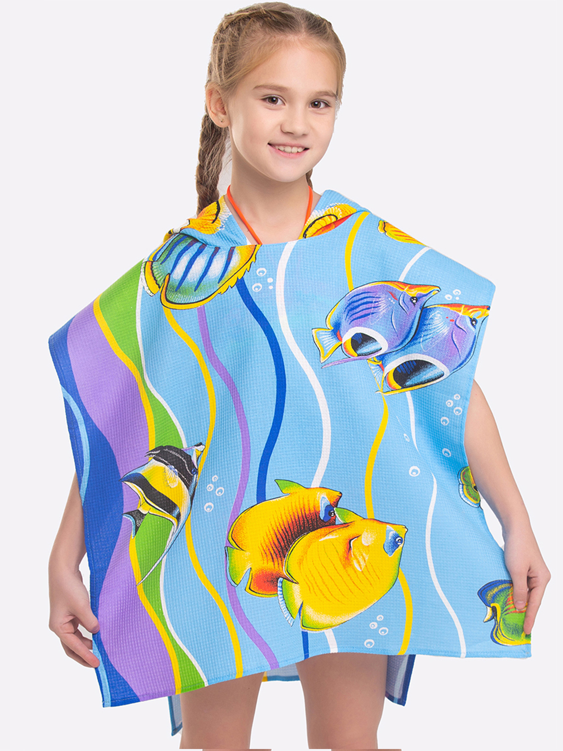 Полотенце детское HappyFox пончно HF1263PN размер 60x54 см, рыбки в аквариуме