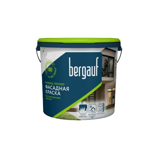 

Краска фасадная акриловая BERGAUF Mineral Techno U матовая, база C, 9л, Белый