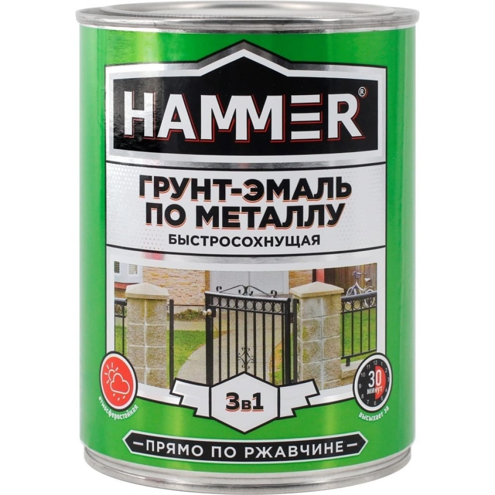 Грунт-эмаль по металлу HAMMER 3в1 б/с серая 0,9 кг ЭК000116552
