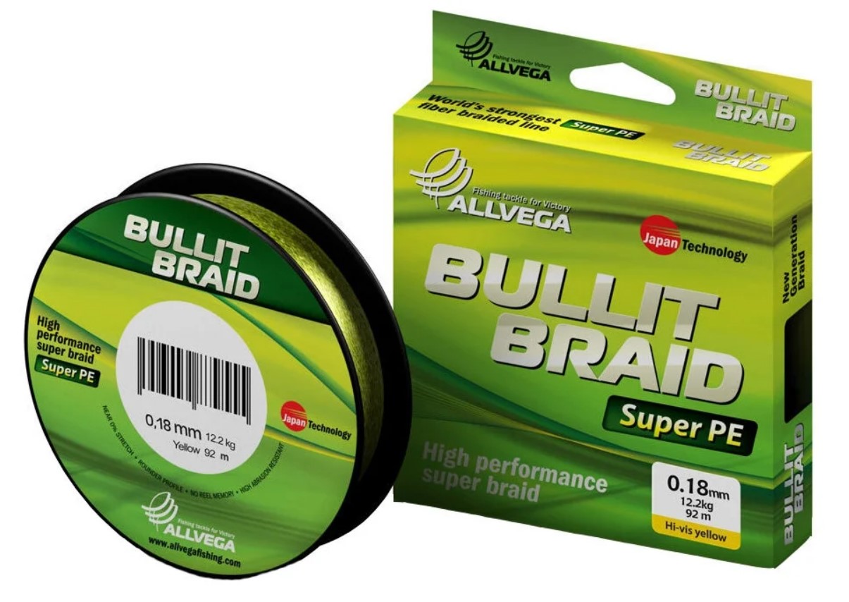 

Плетеный шнур Allvega "Bullit Braid" 92м 0,18мм 12,2кг (ярко-желтая), Желтый, Bullit Braid