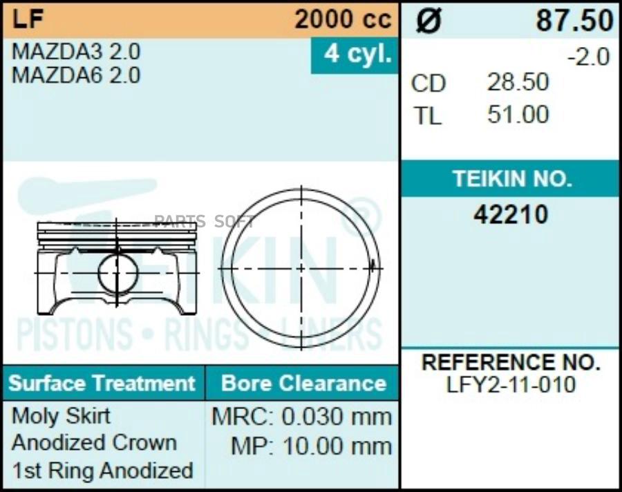 

Поршень без колец TEIKIN 422100.50 0.50 Mazda Lf D87.50+0.50