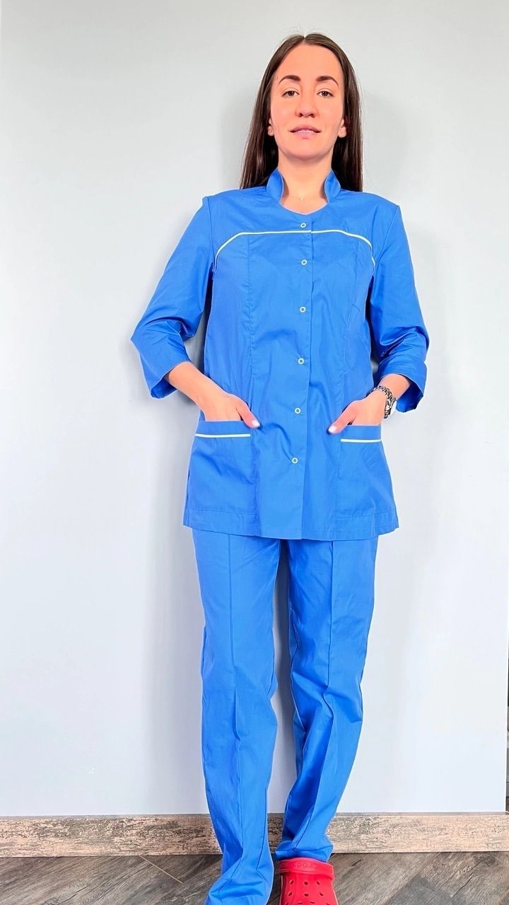 фото Костюм медицинский женский медицинский мир кокетка синий 46 ru