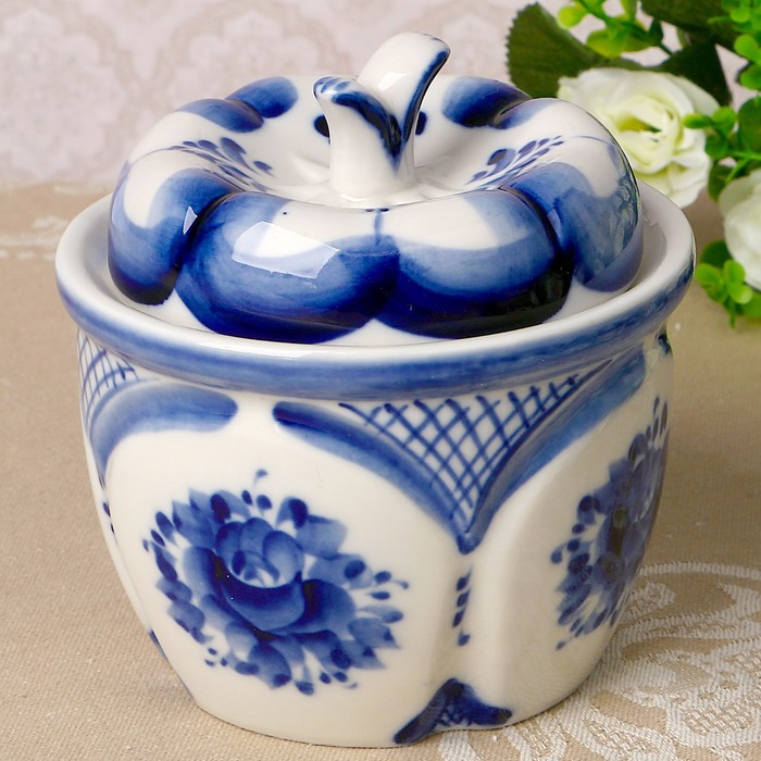 

Солонка «Тыква», 0,6 л, 11,5x12 см, гжель, Белый;синий