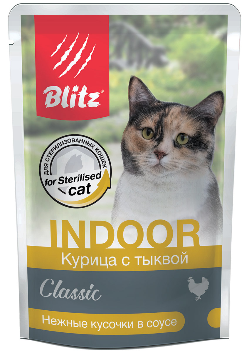 

Влажный корм для кошек BLITZ Indoor Classic с курицей и тыквой в соусе, 24шт по 85г, Classic