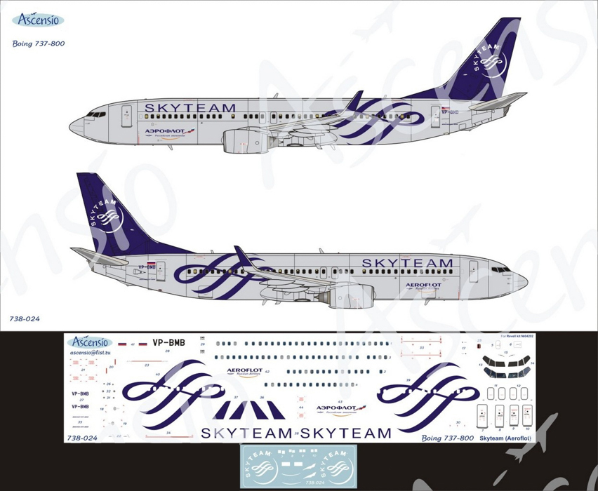 738-024 Декаль для самолета Boeing 737-800 SkyTeam Аэрофлот Российские Авиалинии  1/144