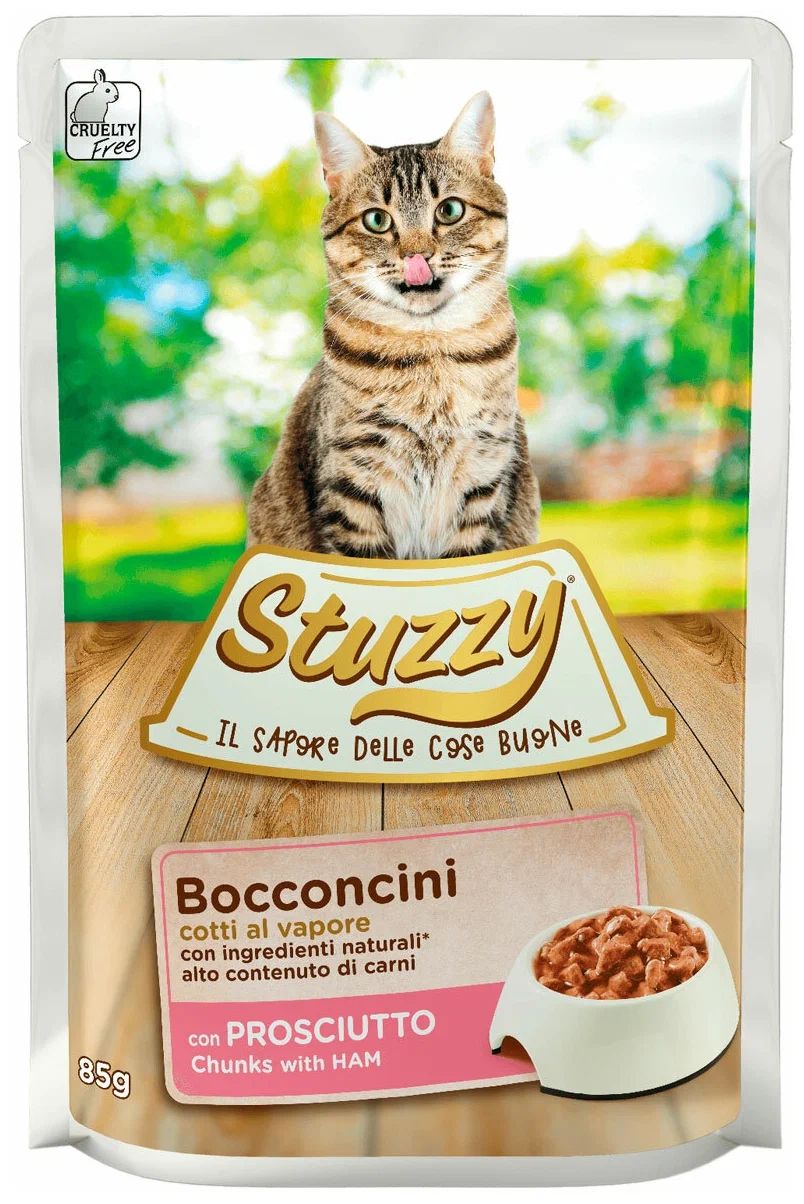 

Влажный корм для кошек STUZZY BOCCONCINI с ветчиной в соусе, 85 гр