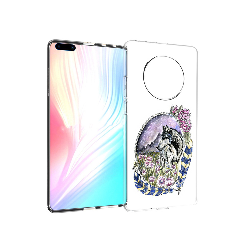 

Чехол MyPads Tocco для Huawei Mate 40 Pro нарисованный волк в цветах с перьями, Прозрачный, Tocco