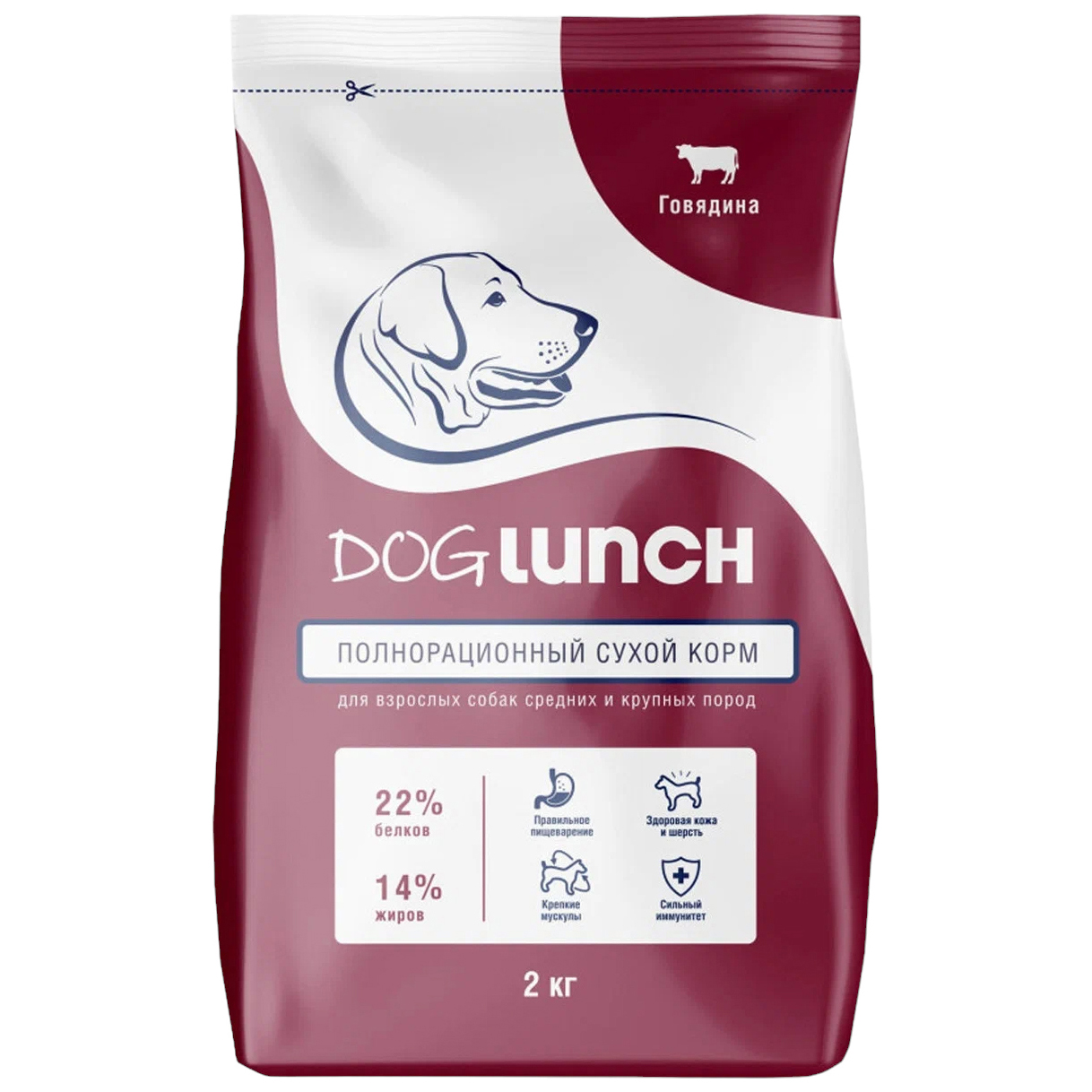 Сухой корм для собак DOG LUNCH с говядиной, для средних и крупных пород, 2кг