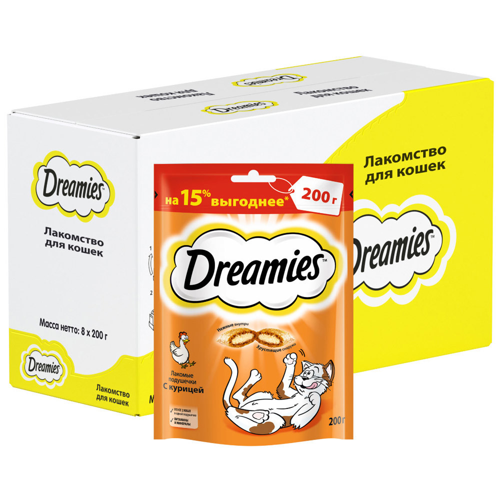 фото Лакомство для кошек dreamies подушечки с курицей, 8 штук по 200 г