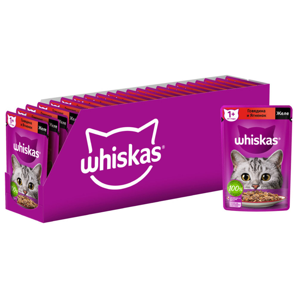 Влажный корм для кошек Whiskas сговядиной и ягненком в желе, 28шт по 75г