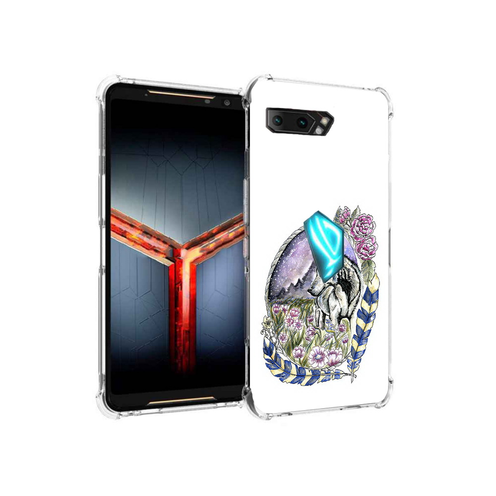 

Чехол MyPads Tocco для Asus ROG Phone 2 нарисованный волк в цветах с перьями, Прозрачный, Tocco