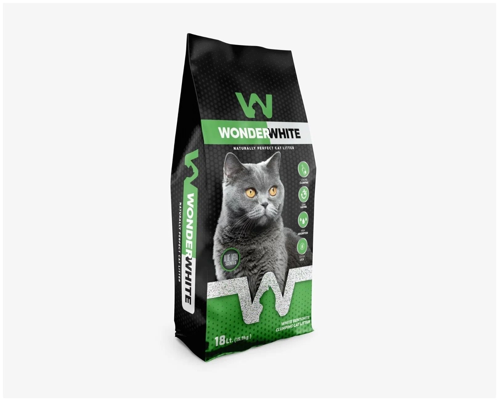 Наполнитель комкующийся для туалета кошек WONDERWHITE ALOE VERA аромат алоэ вера, 15,3 кг