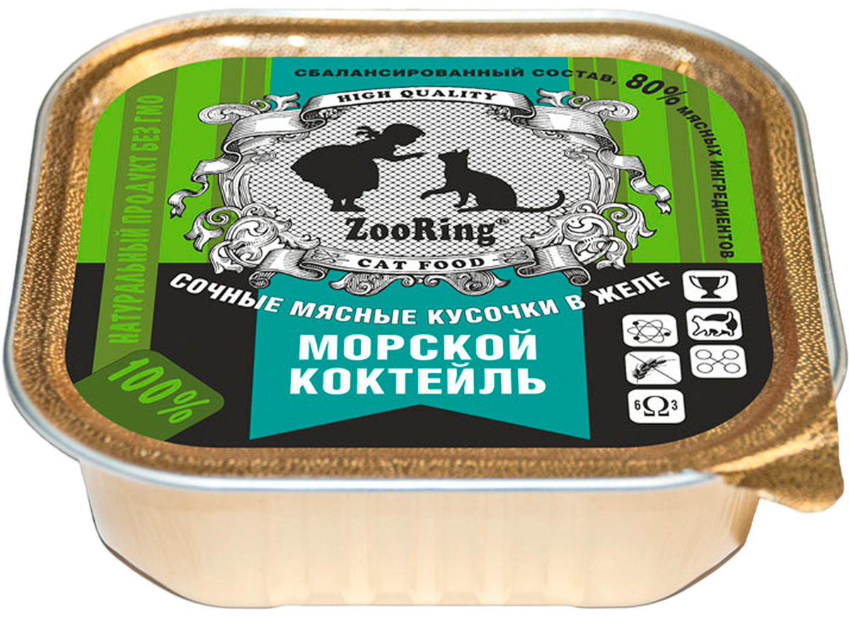 

Консервы для кошек ZOORING Морской коктейль, кусочки в желе, 100г, морепродукты 100 г