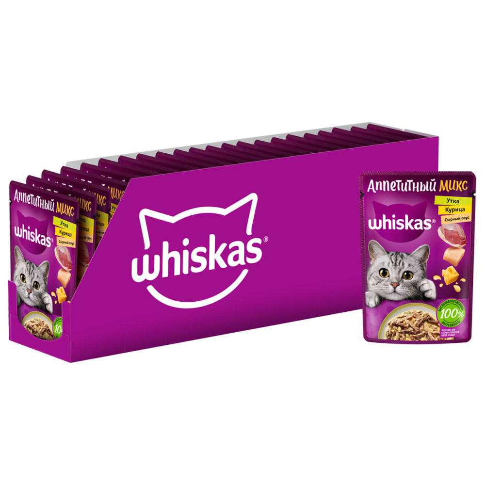 

Влажный корм для кошек Whiskas полнорационный Аппетитный микс, курица, утка, 8 шт по 75 г, Аппетитный микс