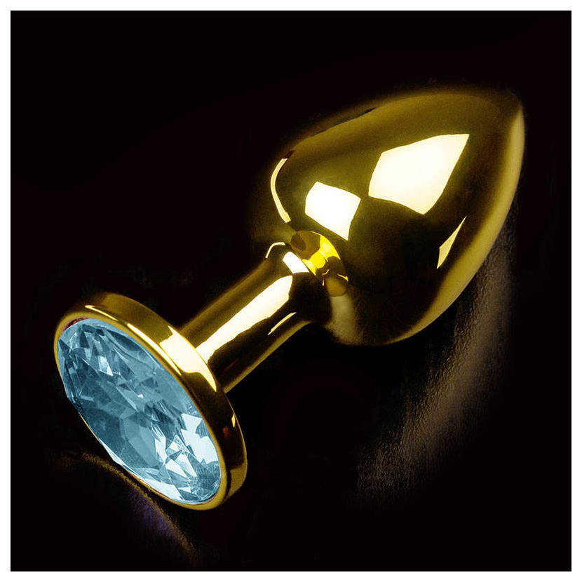 фото Анальная пробка золотистая с круглым кончиком и голубым кристаллом 7 см пикантные штучки
