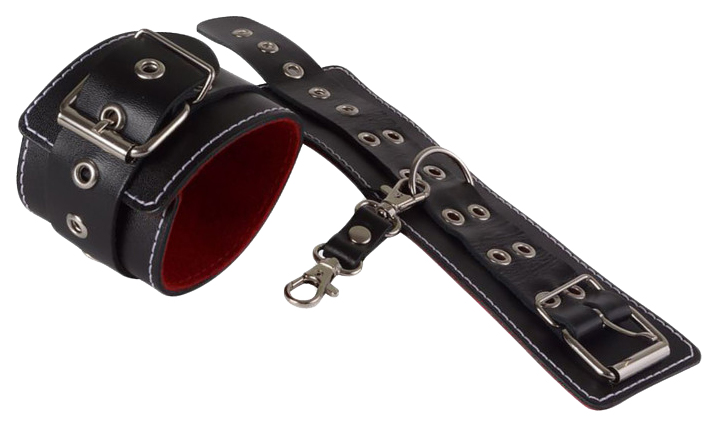 Черные кожаные наручники с контрастной строчкой и красной изнанкой Sitabella