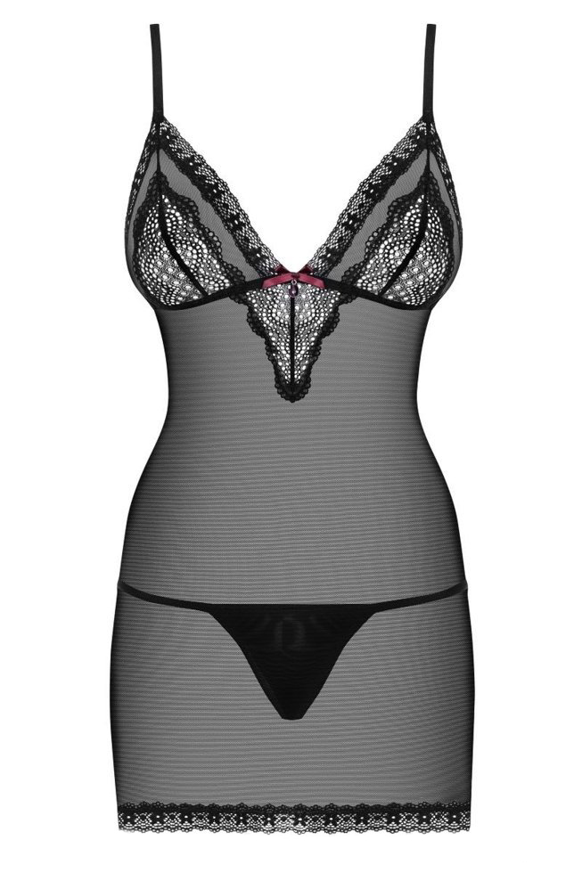 

Полупрозрачная сорочка с кружевом на тонких бретелях, черный, L-XL, Obsessive, 820-CHE