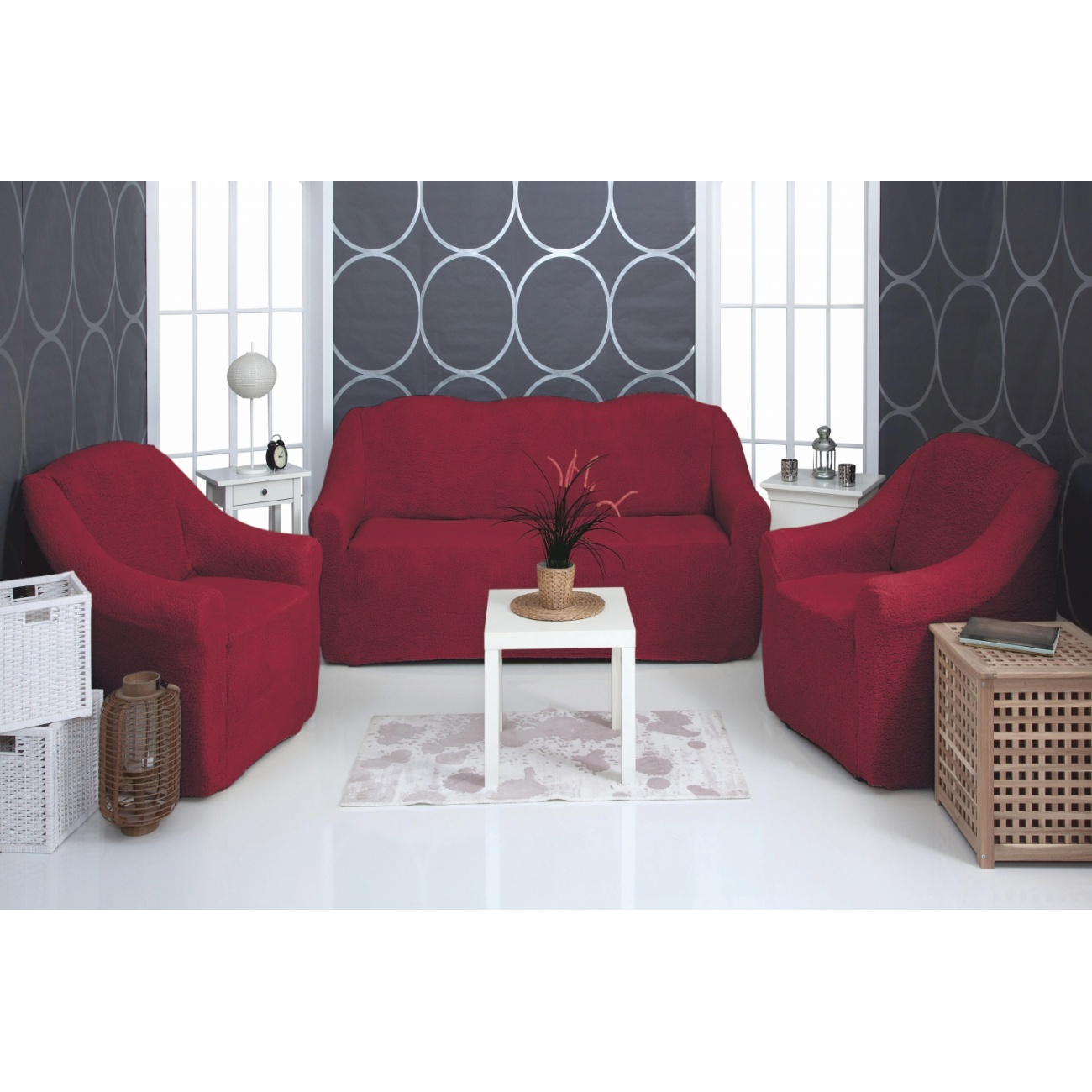 фото Комплект чехлов на трехместный диван и два кресла плюшевый venera, бордовый
