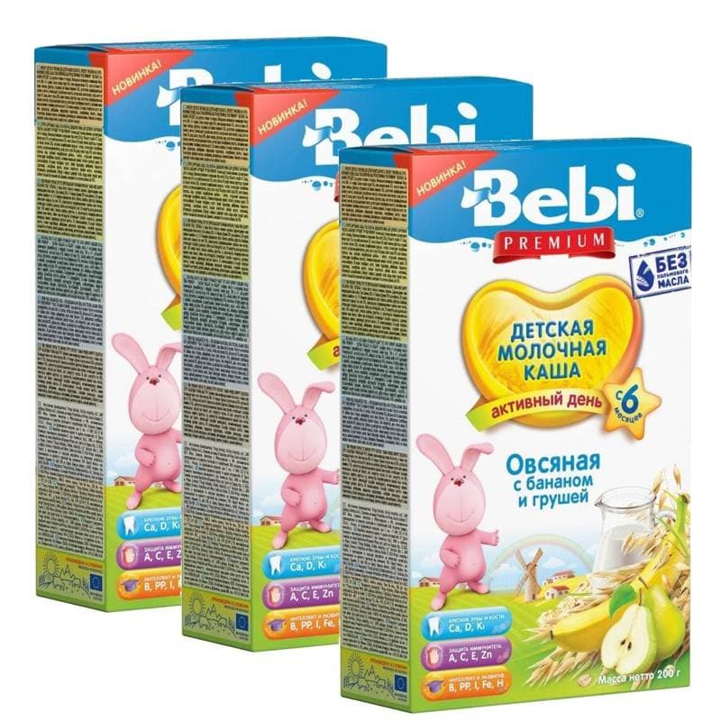 

Каша молочная Bebi Premium Овсянка с бананом и грушей с 6 мес., 3х200 г