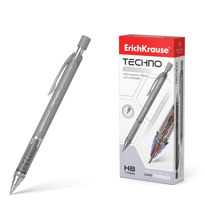 

Карандаш механический ErichKrause НВ, 0.9 мм, Techno, с ластиком, микс