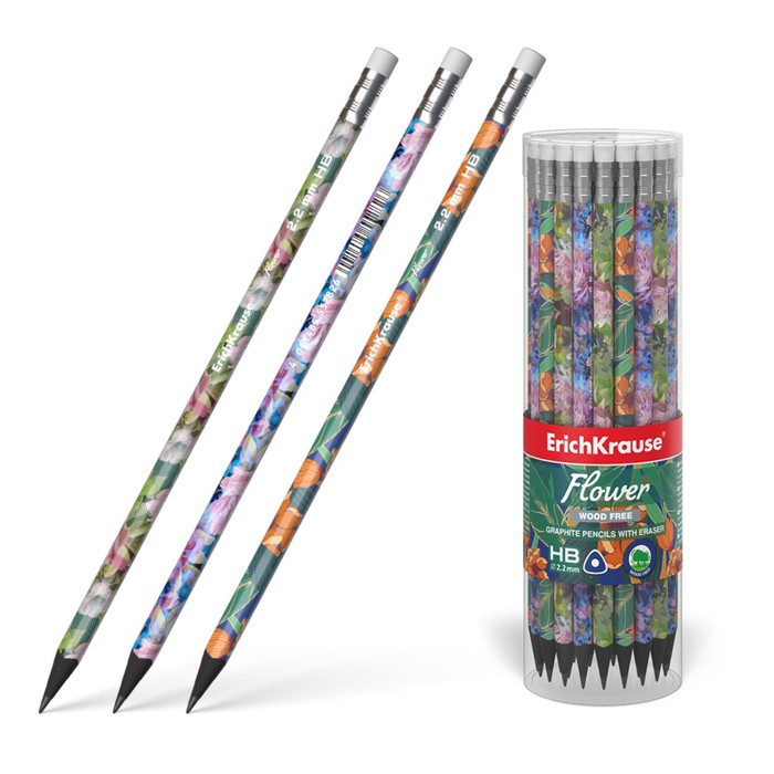 

Карандаш чернографитный ErichKrause Flower с ластиком, HB, грифель 2.2 мм, трёхгранный, ко