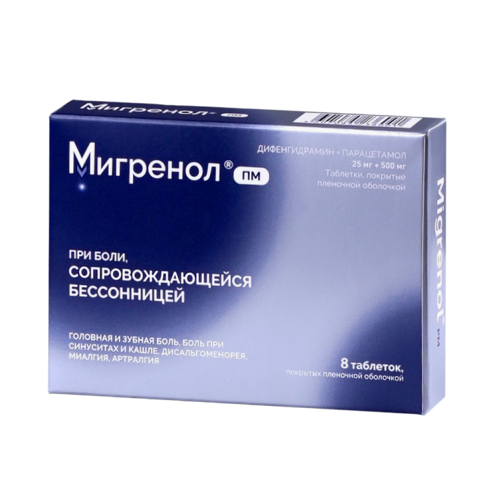 Мигренол ПМ таблетки покрыт.плен.об. 25 мг+500 мг 8 шт