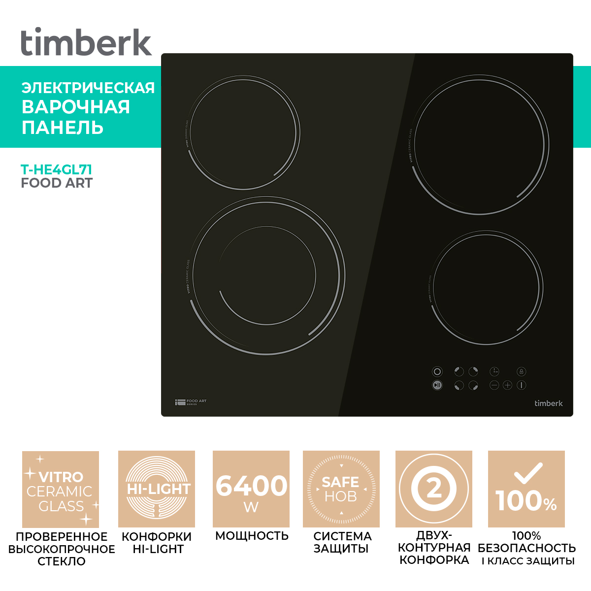 vitro cad Встраиваемая варочная панель электрическая Timberk T-HE4GL71 черный