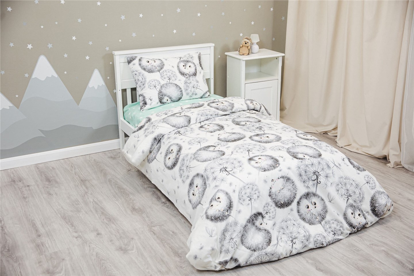 

Комплект детского постельного белья Bambino Mio из поплина Ежики в одуванчиках, 1-спальный, Зеленый;серый;черный;белый;разноцветный, Riccio