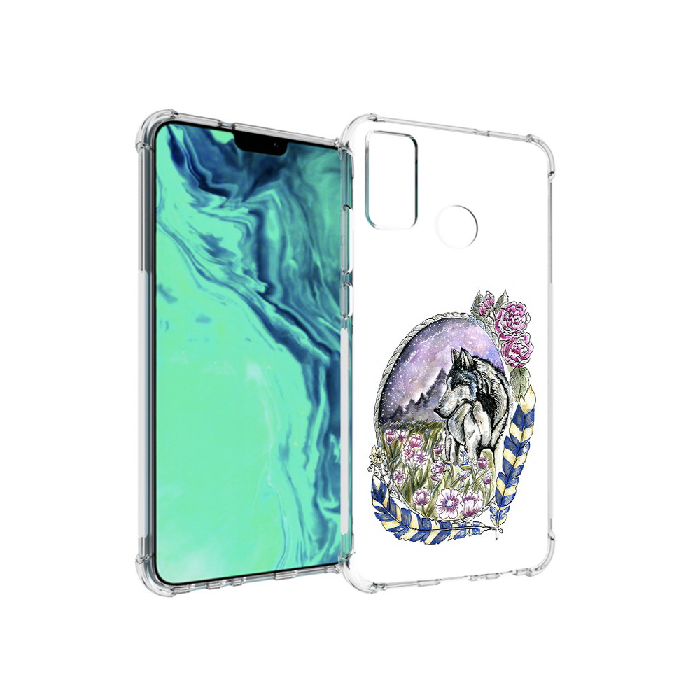 

Чехол MyPads Tocco для Huawei 9X Lite нарисованный волк в цветах с перьями, Прозрачный, Tocco