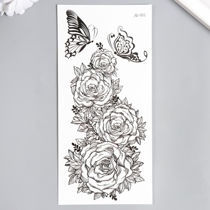

Татуировка на тело чёрная Бабочки на розах 10х21 см, Черный