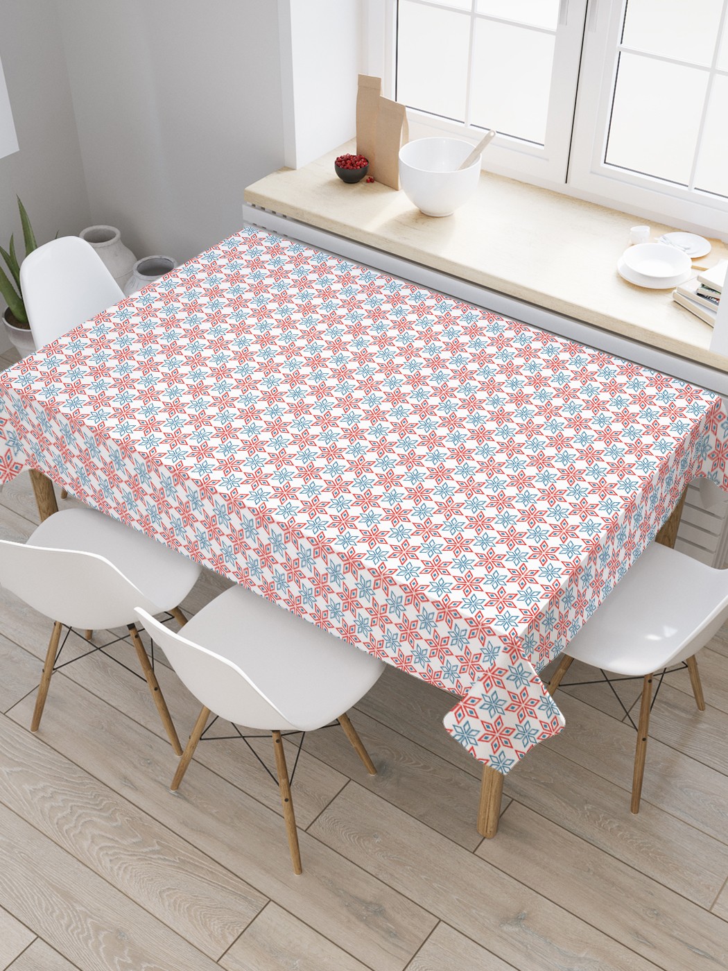 

Скатерть прямоугольная JoyArty "Геометрические снежинки" из оксфорда, 120x145 см, Красный, Геометрические снежинки