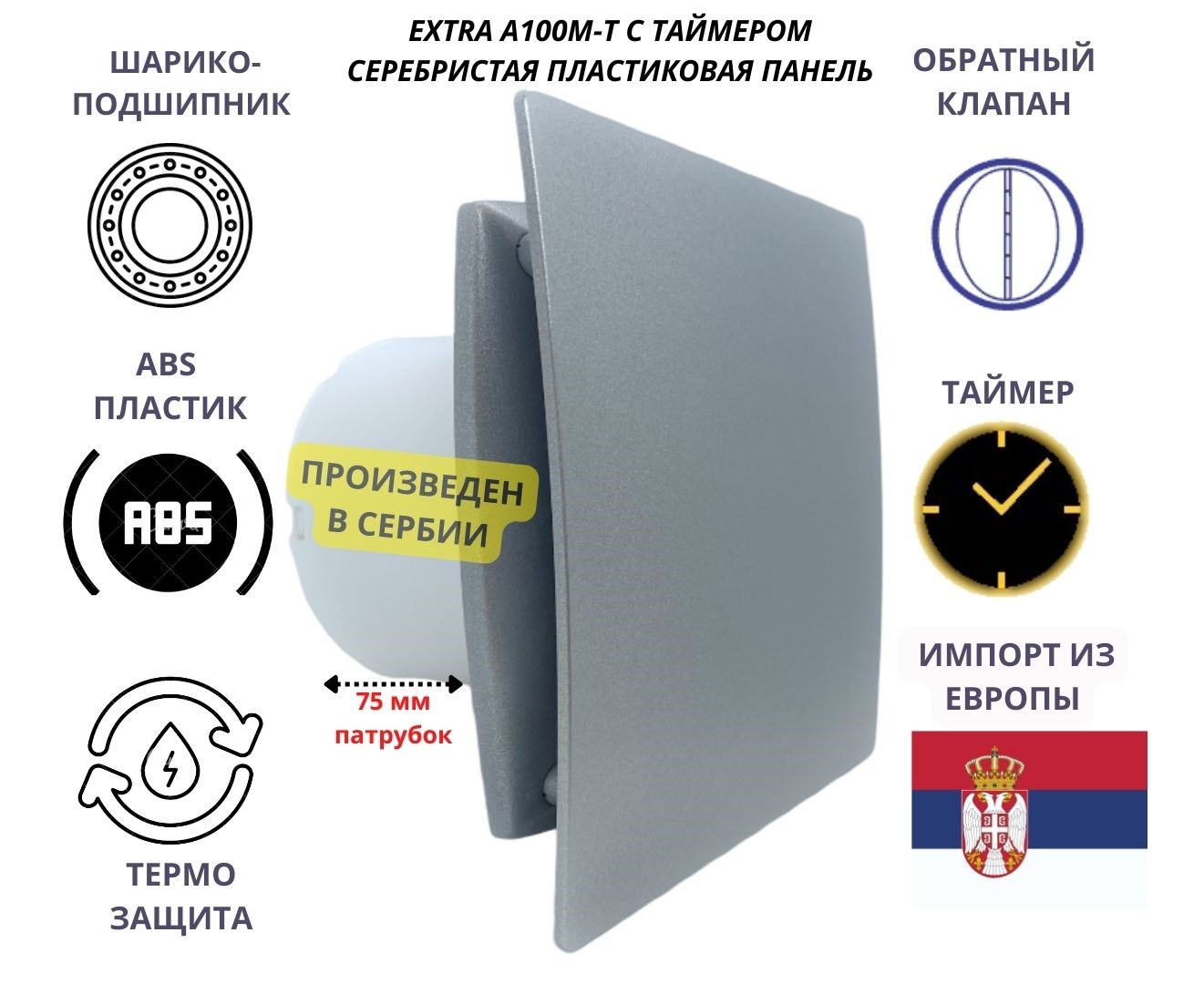 Вентилятор с таймером d100мм с пластиковой панелью A100M-T, Сербия A100M-T+PVC серебристый