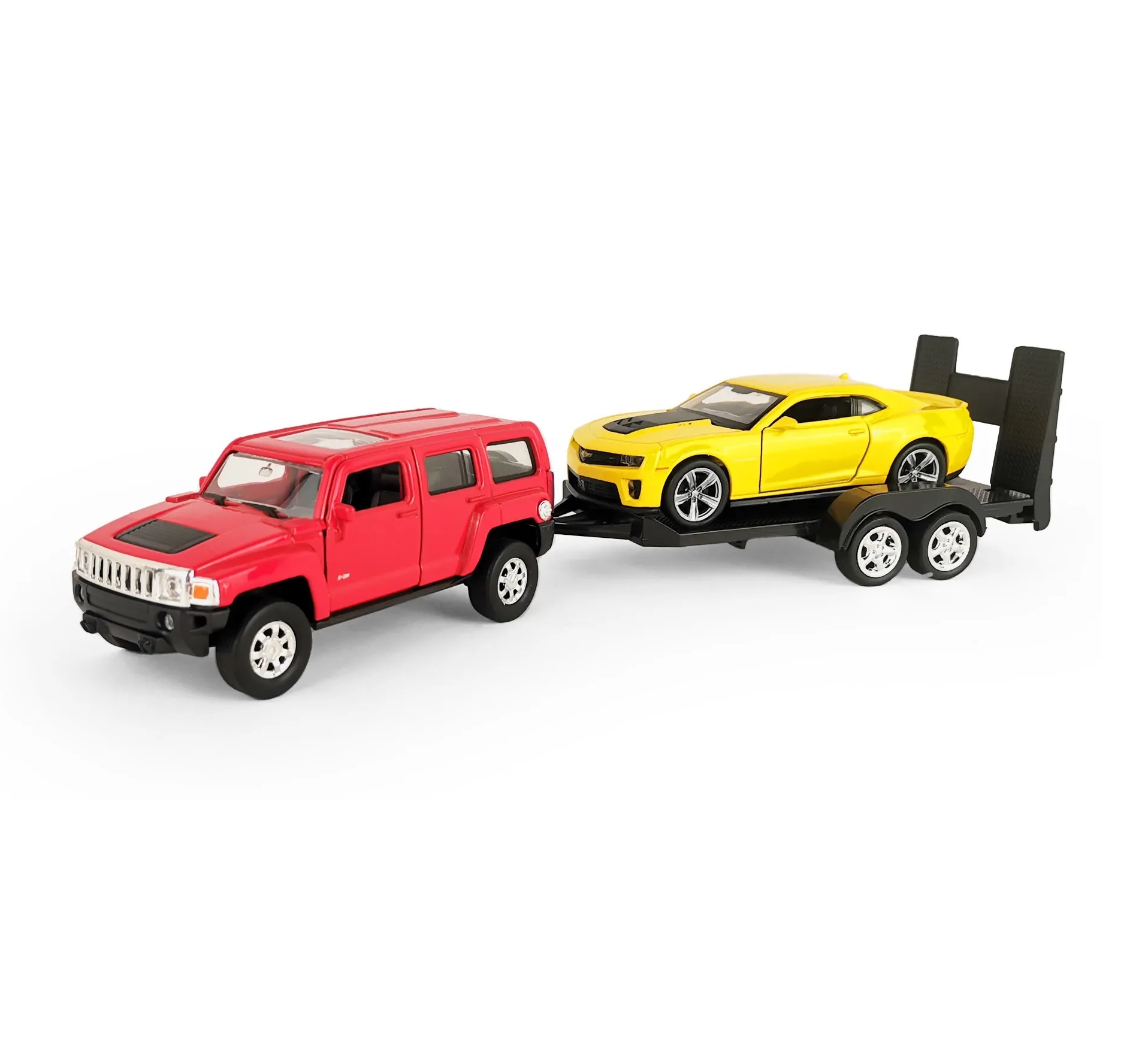 Набор WELLY 1:38, Hummer H3, Chevrolet Camaro ZL1, с прицепом, 2 шт Welly желтый,  красный