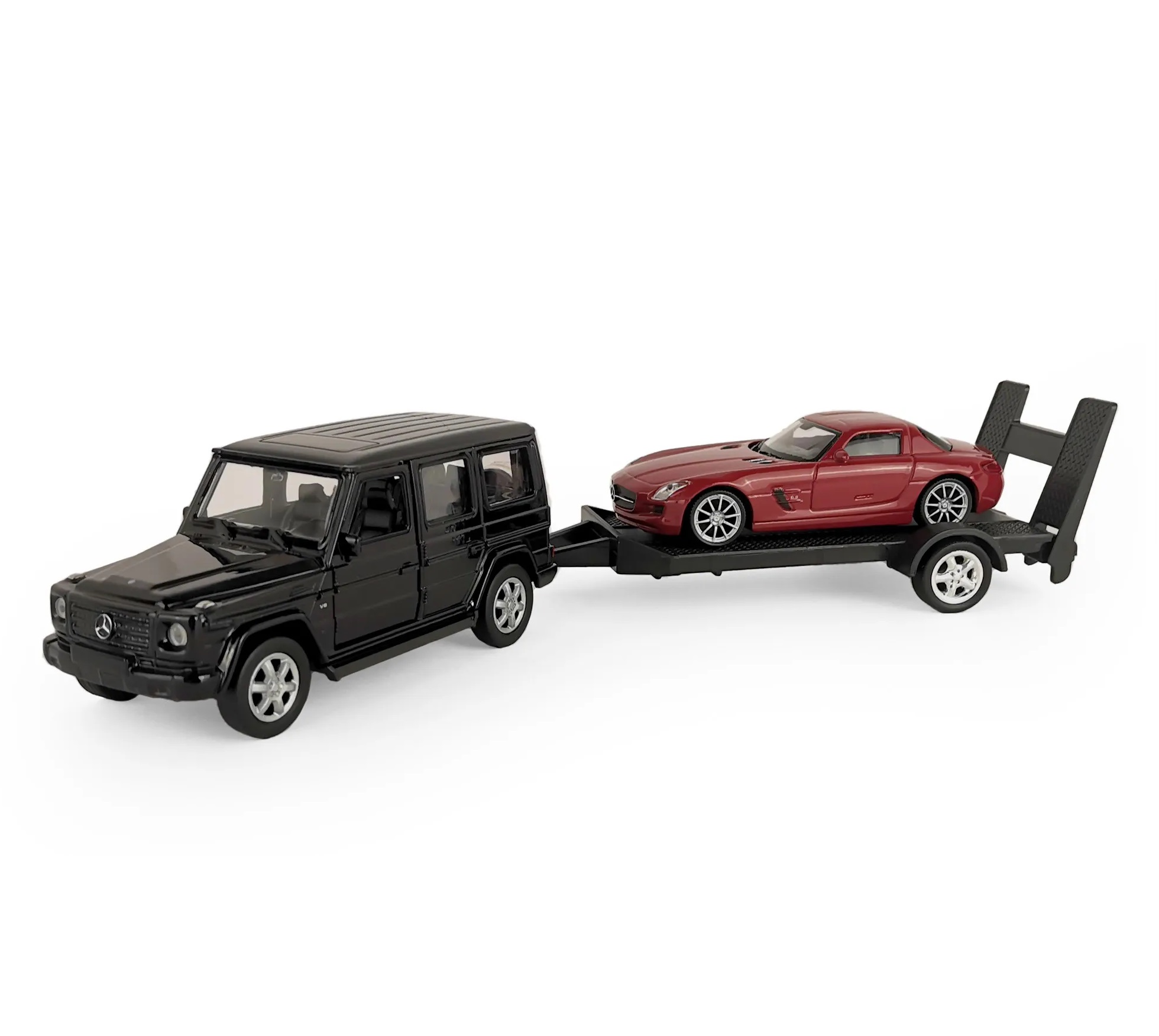 

Набор WELLY 1:38, Mercedes-Benz G-Class, Mercedes-Benz SLS AMG, с прицепом, 2 шт, Красный;черный, 43689F-2TB(A1)