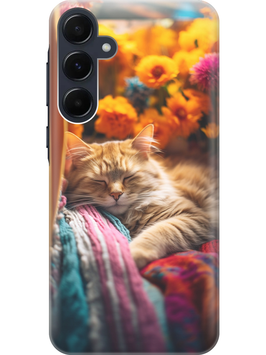 

Силиконовый чехол на Samsung Galaxy A55 с рисунком "Спящий на пледе котик", Белый;желтый, 20012126