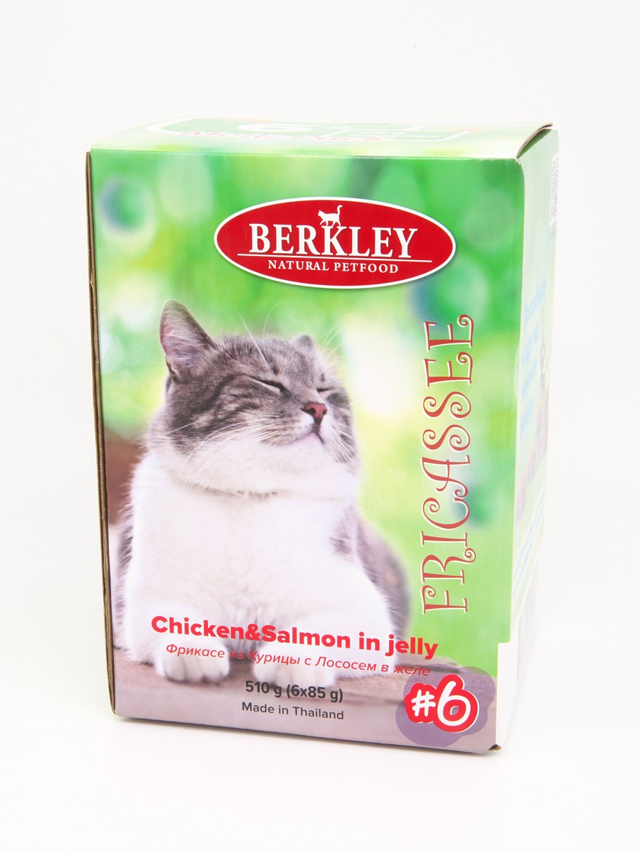 

Влажный корм для кошек Berkley фрикасе из курицы с лососем, 6шт по 85г