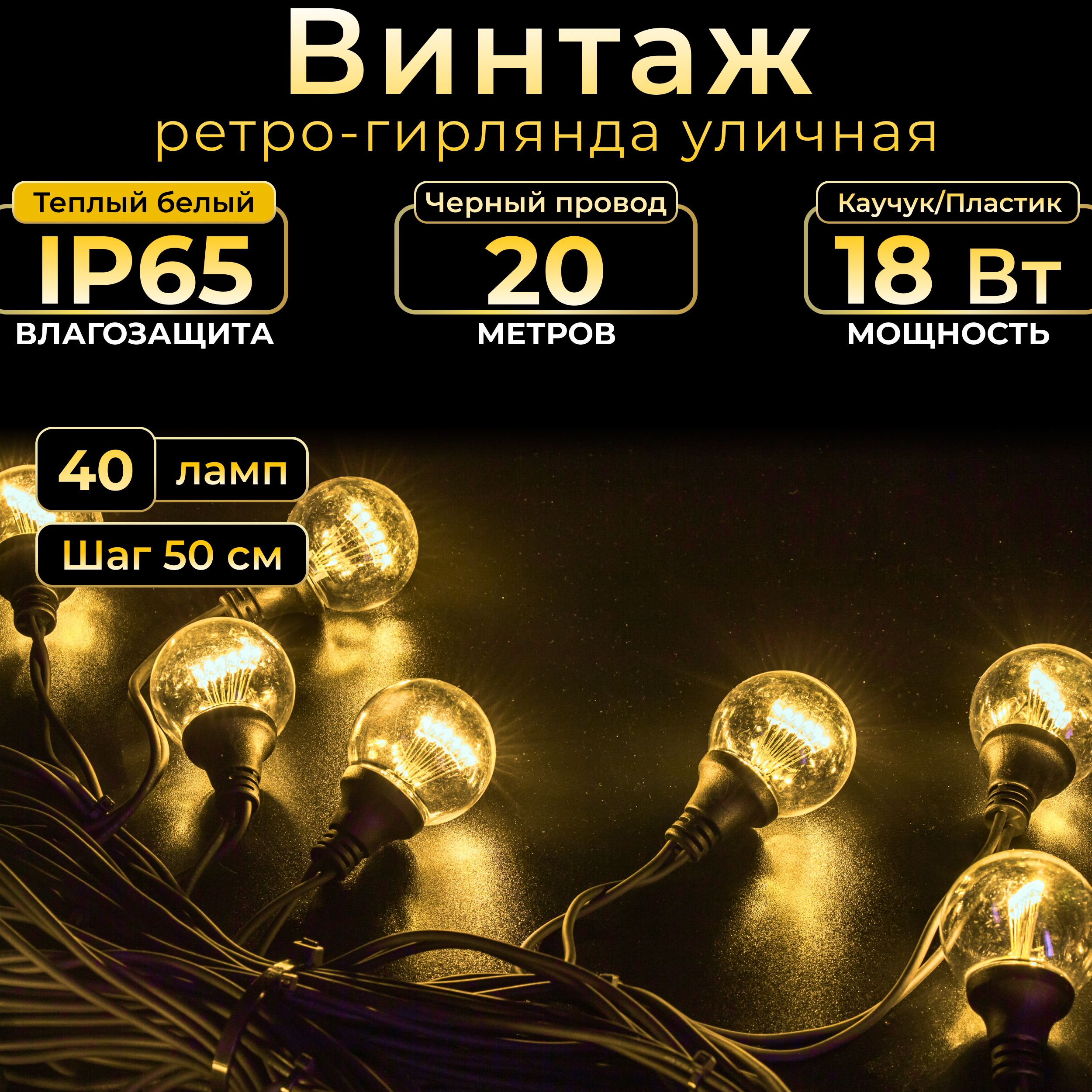 Гирлянда Винтаж TEAMPROF 20 м 40 ламп теплый свет черный каучук IP65 25072₽