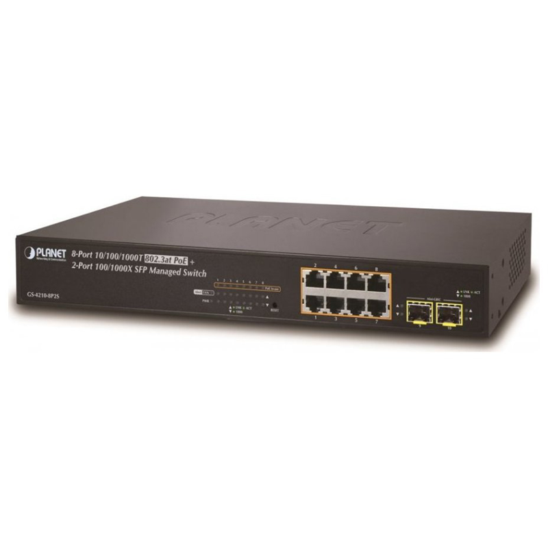 коммутатор/ PLANET IPv4/IPv6, 8-Port Managed 802.3at POE+ Gigabit Ethernet Switch + 2-Port