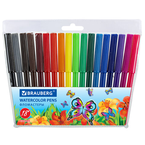 

Фломастеры BRAUBERG "Wonderful butterfly", 18 цветов, вентилируемый колпачок, пласт., Бордовый;голубой;желтый;зеленый;коричневый;красный;оранжевый;розовый;серый;синий;фиолетовый;фуксия;черный