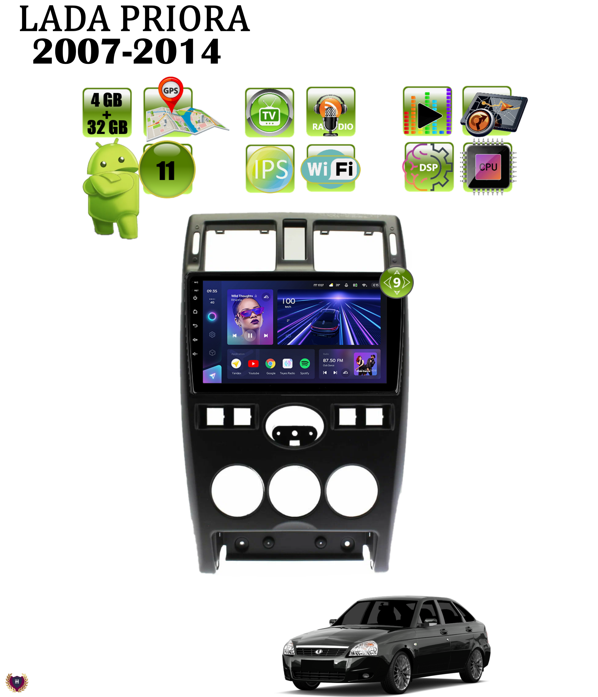 Автомагнитола Podofo для Lada Priora (2007-2014), Android 11,4/32 Gb, Wi-Fi, Bluetooth,GPS