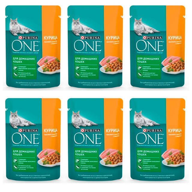 Влажный корм для кошек Purina One с курицей и морковью 6 шт по 75 г