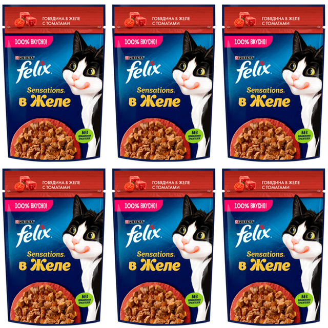 

Влажный корм для кошек Felix Sensations с говядиной и томатами в желе 6 шт по 75 г, Sensations