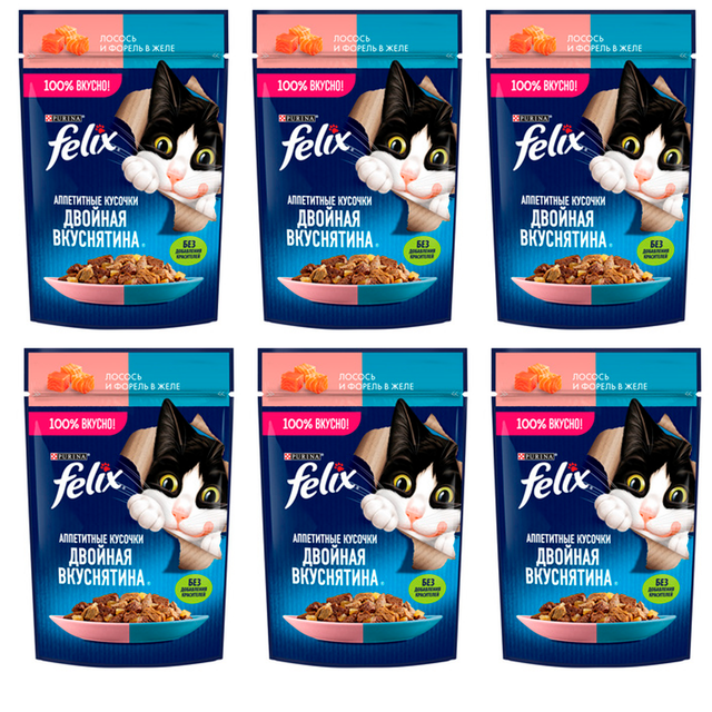 

Влажный корм для кошек Felix Двойная Вкуснятина с лососем и форелью в желе 6 шт по 75 г, двойная вкуснятина
