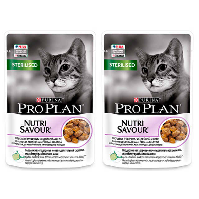 

Влажный корм для кошек Pro Plan для стерилизованных с индейкой в желе 2 шт по 85 г, кусочки с индейкой в желе