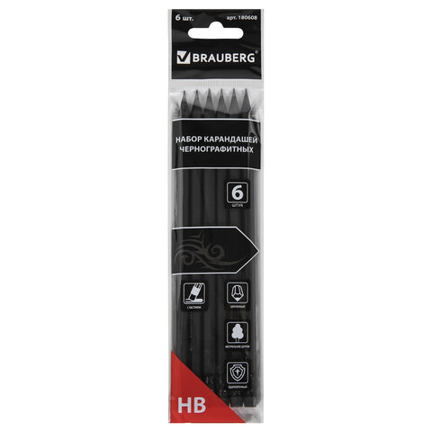

Карандаши чернографитные BRAUBERG НАБОР 6 шт., "Black Jack", НВ, с резинкой, черные,