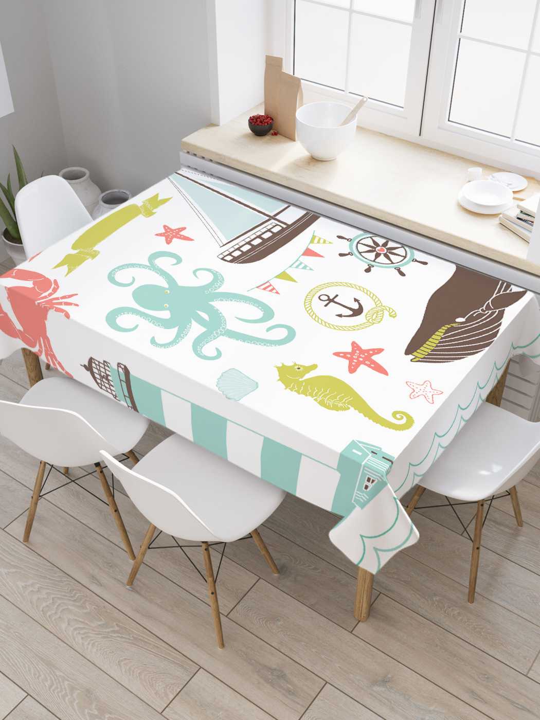 

Скатерть прямоугольная JoyArty "Океанские проводники" из оксфорда, 120x145 см, Белый, Океанские проводники